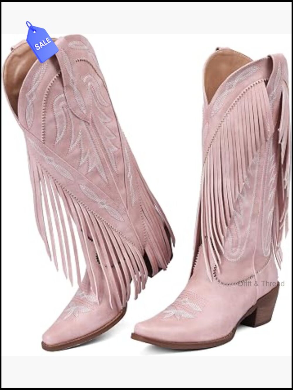Women's Retro Cowgirl Boots Fringe Pointed Toe Block Heel Pull On Knee High - Picture 1 of 7